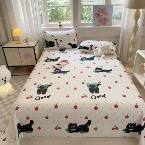 91家纺网 家纺一手货源 找家纺 吉象家纺 2024新款高支密全棉印花单床单 怪诞猫咪