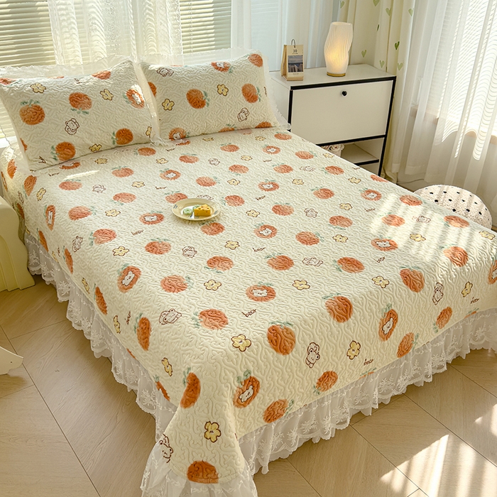 91家纺网 家纺一手货源 找家纺 冬然家纺 2024新款牛奶绒印花床盖 心想事橙