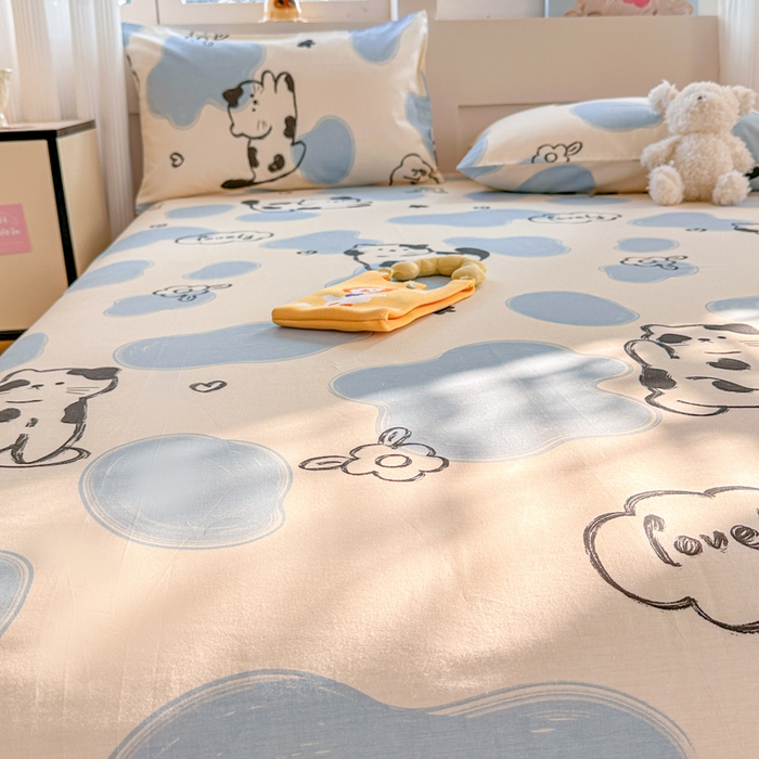 91家纺网 家纺一手货源 找家纺 吉象家纺 2024新款高支密全棉印花单床单 奶牛猫