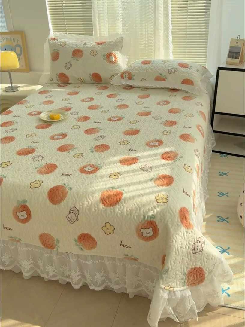 91家纺网 家纺一手货源 找家纺 冬然家纺 2024新款牛奶绒印花床盖 心想事橙