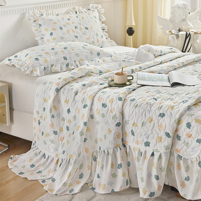 91家纺网 家纺一手货源 找家纺 十个点家纺 2025新款印花夹棉床盖三件套-晚秋系列 杏叶繁花