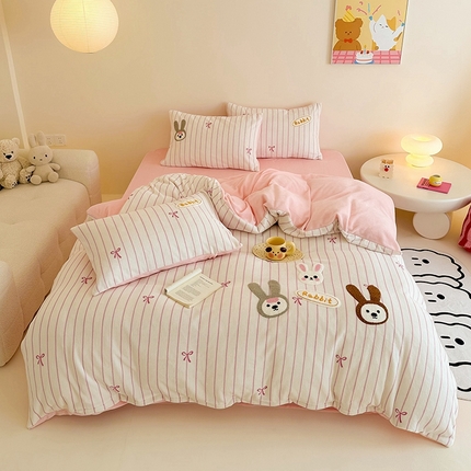 沐棉家居 2024新款高克重条纹牛奶绒毛巾绣四件套 可爱兔