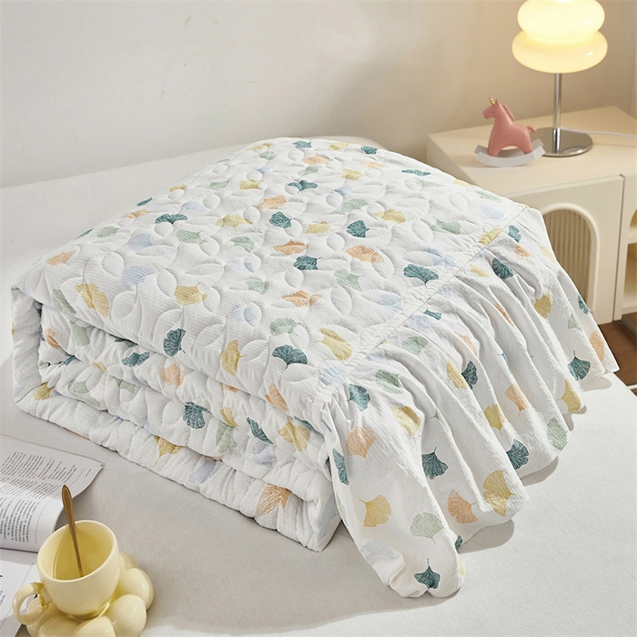 91家纺网 家纺一手货源 找家纺 十个点家纺 2025新款印花夹棉床盖三件套-晚秋系列 杏叶繁花