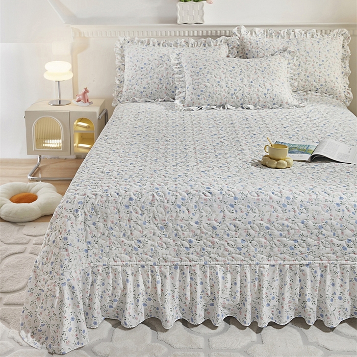 91家纺网 家纺一手货源 找家纺 十个点家纺 2025新款印花夹棉床盖三件套-晚秋系列 富贵小花