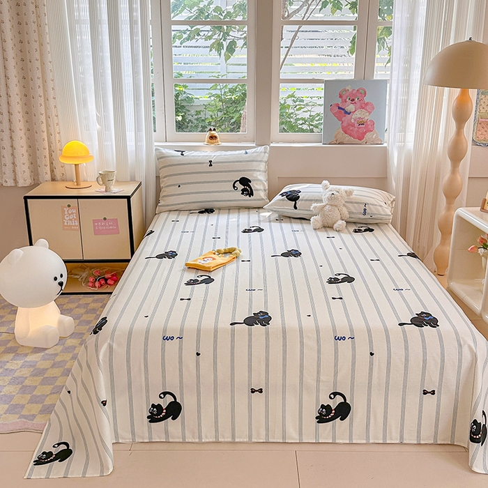 91家纺网 家纺一手货源 找家纺 吉象家纺 2024新款高支密全棉印花单床单 线条猫咪