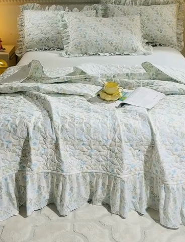 91家纺网 家纺一手货源 找家纺 十个点家纺 2025新款印花夹棉床盖三件套-晚秋系列 秋叶-兰