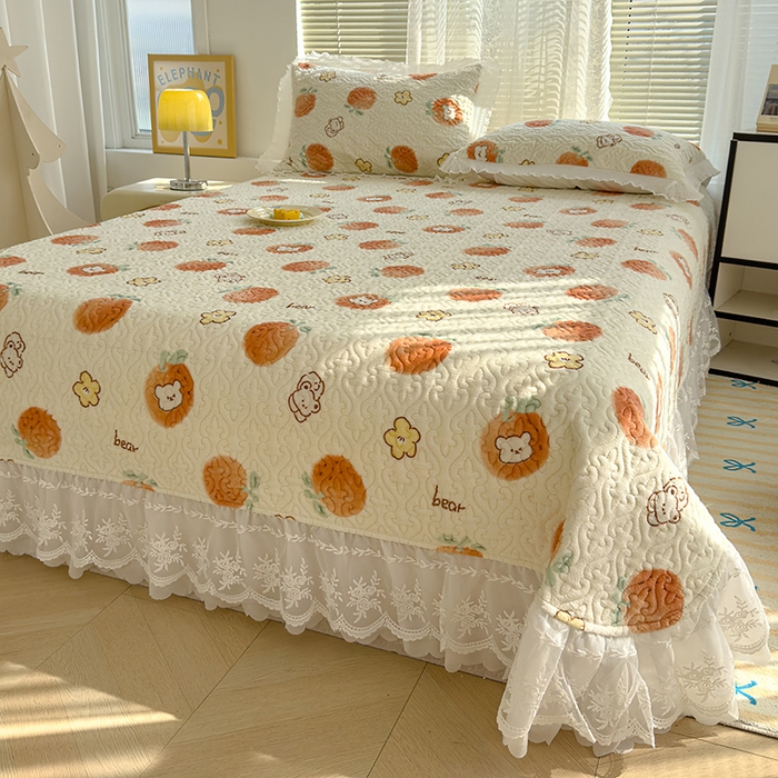 91家纺网 家纺一手货源 找家纺 冬然家纺 2024新款牛奶绒印花床盖 心想事橙