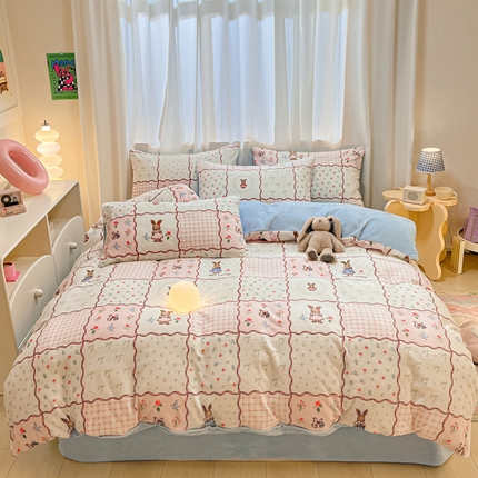 本制 2025新款B类牛奶绒印花四件套 方格兔