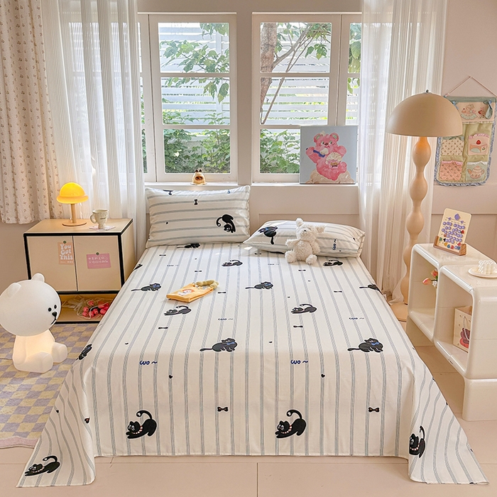 91家纺网 家纺一手货源 找家纺 吉象家纺 2024新款高支密全棉印花单床单 线条猫咪