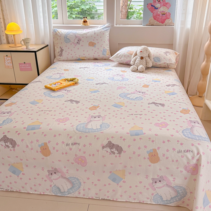 91家纺网 家纺一手货源 找家纺 吉象家纺 2024新款高支密全棉印花单床单 喵喵聚会