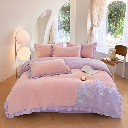 可以家居 2024新款全消光牛奶绒云绒法兰绒四件套-薇薇安 贵族粉
