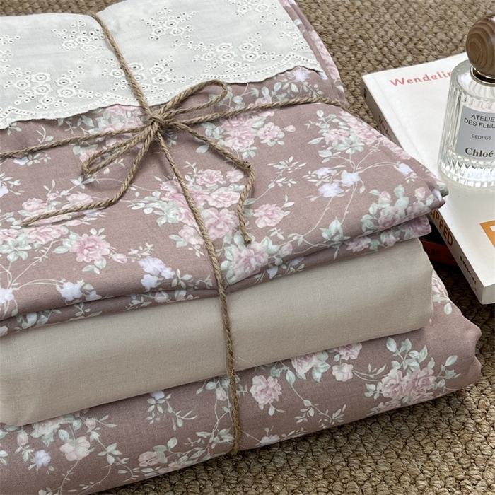 91家纺网 家纺一手货源 找家纺 2024新款全棉印花双层纱四件套--蕾丝花边款 微醺玫瑰