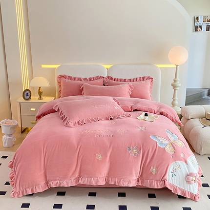 可以家居 2024新款全消光牛奶绒云绒法兰绒四件套-小甜心 粉豆沙
