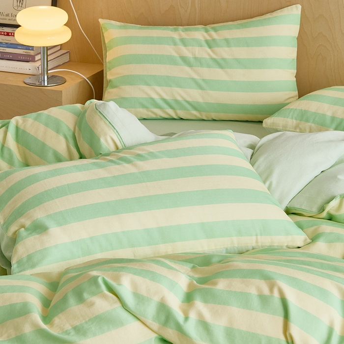 91家纺网 家纺一手货源 找家纺 8小时家纺 2024新款40s双层纱单品四件套系列-四件套 条纹青柠绿