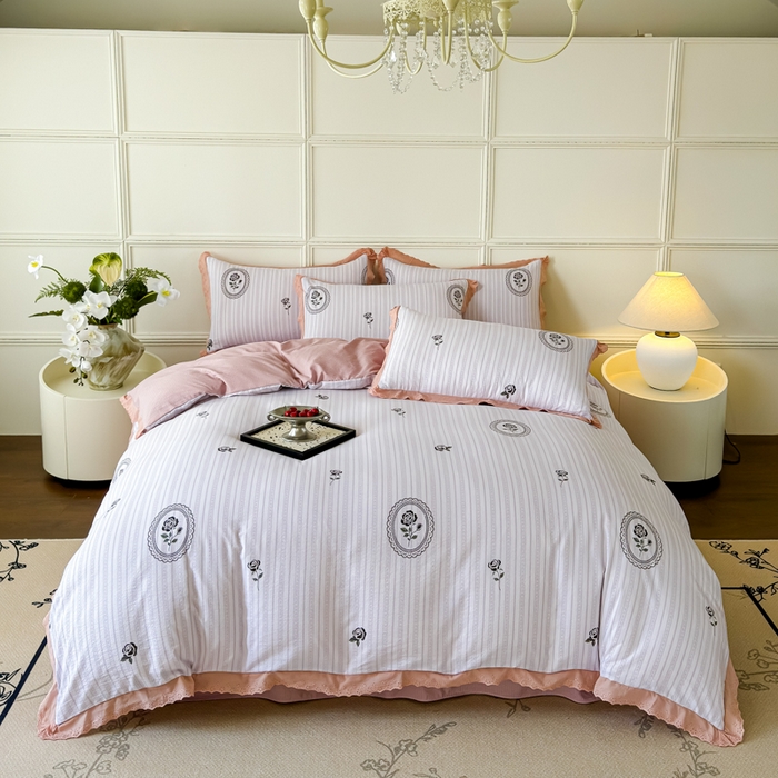 91家纺网 家纺一手货源 找家纺 可思家纺 2024新款韩版花边木棉皱皱纱四件套系列 木棉-赫本花园