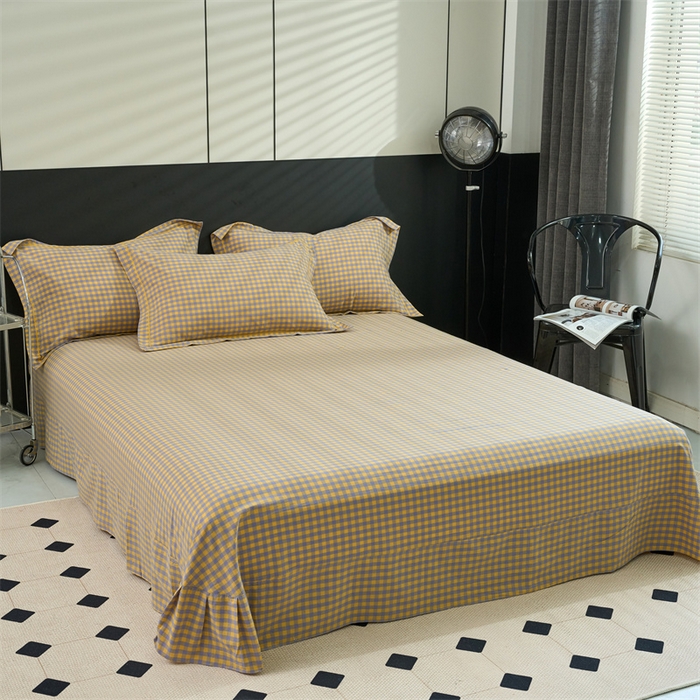 91家纺网 家纺一手货源 找家纺 三沁家居 2025新款格子色织全棉水洗棉四件套直播爆款量大价优 紫黄小格