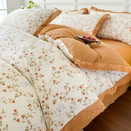 91家纺网 家纺一手货源 找家纺 （总）可思家纺 2024新款韩版花边木棉皱皱纱四件套系列