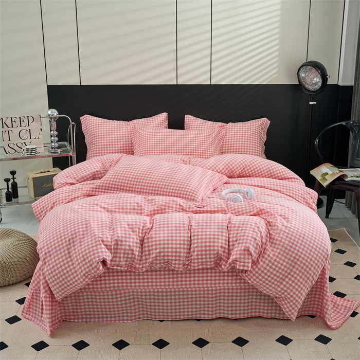 91家纺网 家纺一手货源 找家纺 三沁家居 2025新款格子色织全棉水洗棉四件套直播爆款量大价优 粉白小格