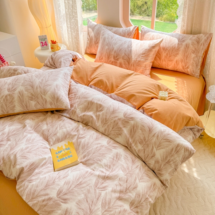 91家纺网 家纺一手货源 找家纺 千朵 2024新款全棉磨毛小清新印花四件套 羽裳咖