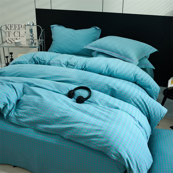 91家纺网 家纺一手货源 找家纺 三沁家居 2025新款格子色织全棉水洗棉四件套直播爆款量大价优 绿野仙踪小格