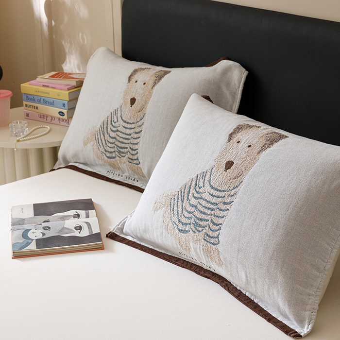 91家纺网 家纺一手货源 找家纺 麻依 2024新款纯棉纱布枕巾一对装全棉四层纱布54*78cm/对 小狗哈尼