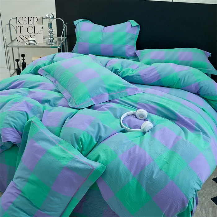 91家纺网 家纺一手货源 找家纺 三沁家居 2025新款格子色织全棉水洗棉四件套直播爆款量大价优 绿野仙踪大格