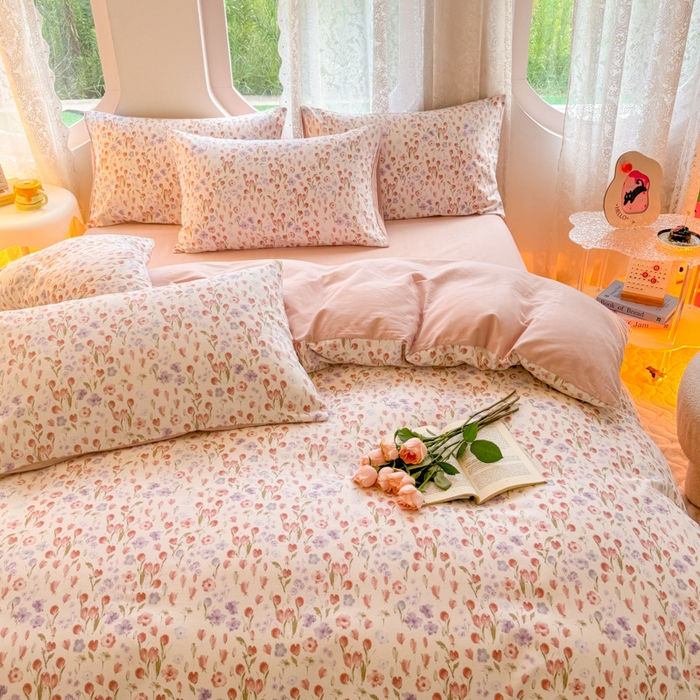 91家纺网 家纺一手货源 找家纺 千朵 2024新款全棉磨毛小清新印花四件套 桃之夭夭