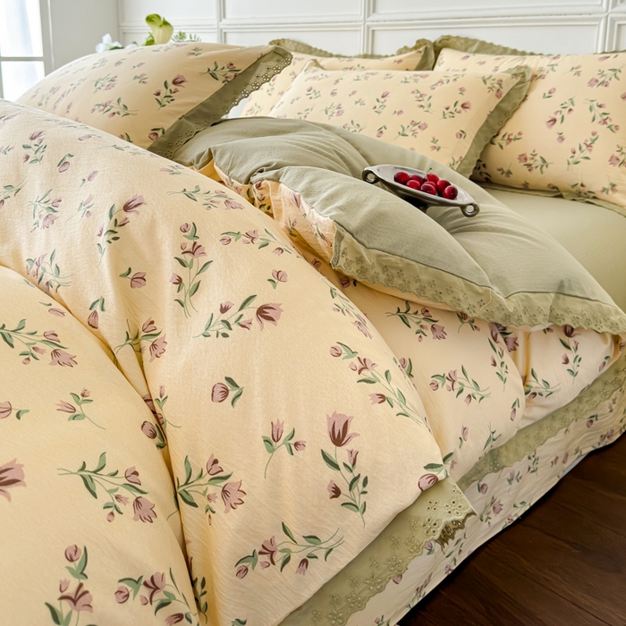 91家纺网 家纺一手货源 找家纺 可思家纺 2024新款韩版花边木棉皱皱纱四件套系列 木棉-芳华