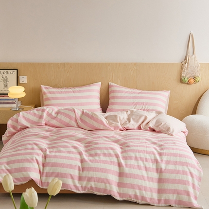 8小时家纺 2024新款40s双层纱单品四件套系列-四件套 条纹桃粉