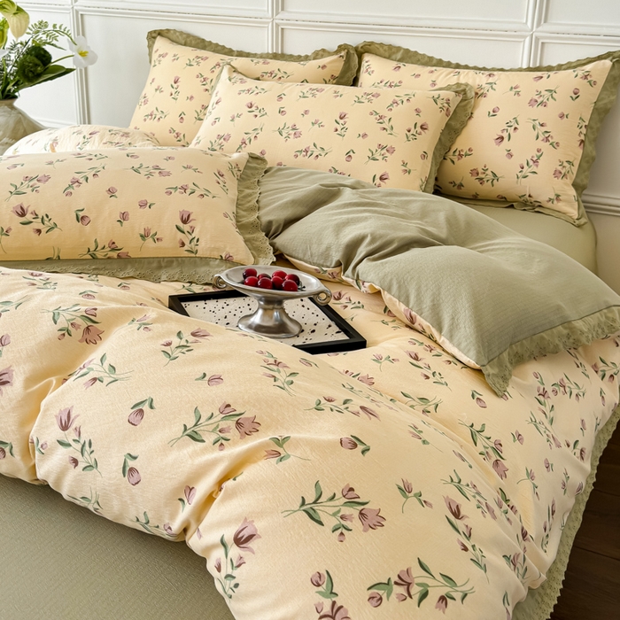 91家纺网 家纺一手货源 找家纺 可思家纺 2024新款韩版花边木棉皱皱纱四件套系列 木棉-芳华