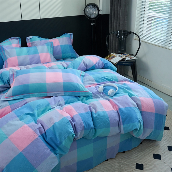 91家纺网 家纺一手货源 找家纺 三沁家居 2025新款格子色织全棉水洗棉四件套直播爆款量大价优 彩虹大格