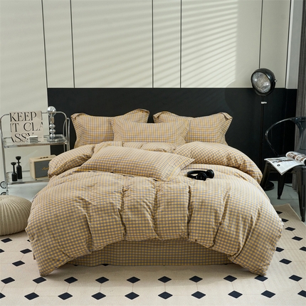 三沁家居 2025新款格子色织全棉水洗棉四件套直播爆款量大价优 紫黄小格