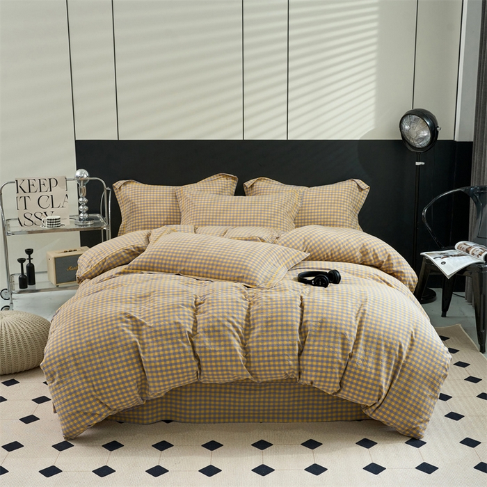 91家纺网 家纺一手货源 找家纺 三沁家居 2025新款格子色织全棉水洗棉四件套直播爆款量大价优 紫黄小格