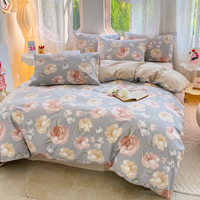 91家纺网 家纺一手货源 找家纺 千朵 2024新款全棉磨毛小清新印花四件套 恋爱旋律灰