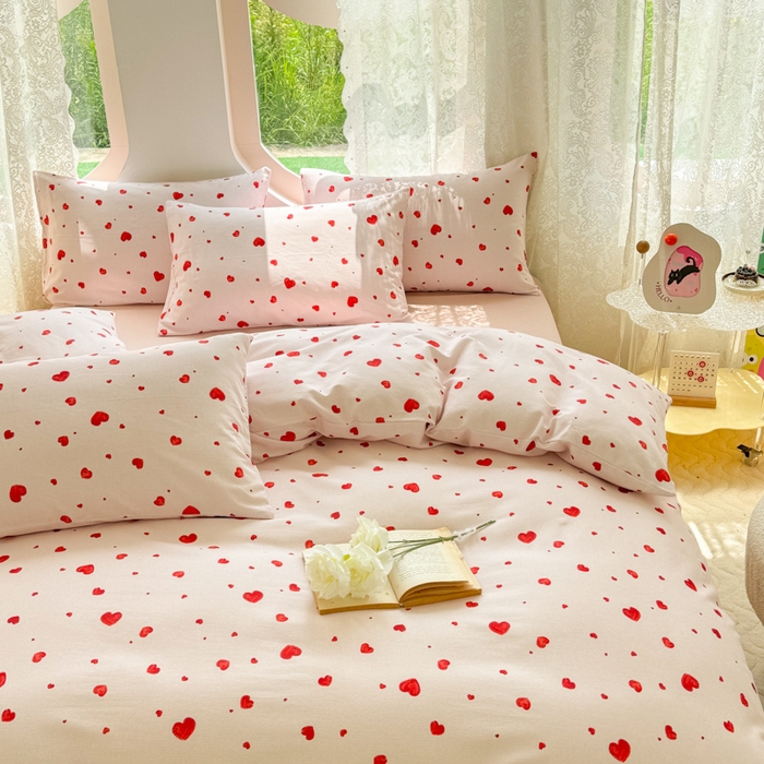 91家纺网 家纺一手货源 找家纺 千朵 2024新款全棉磨毛小清新印花四件套 心心相印