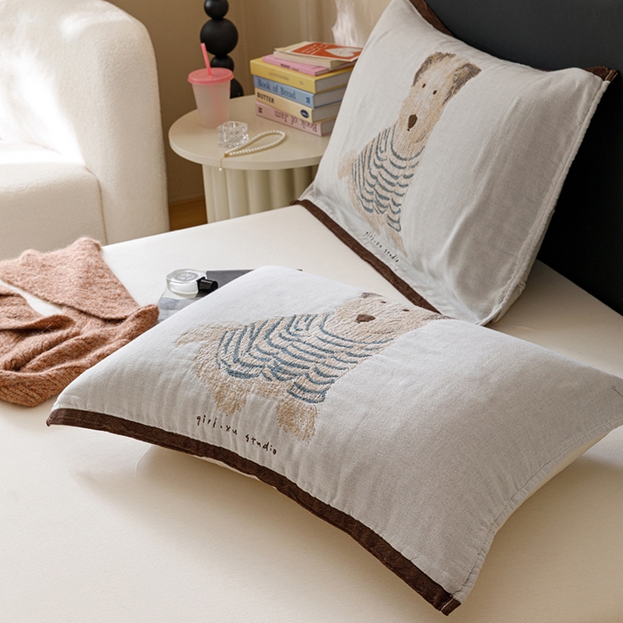 91家纺网 家纺一手货源 找家纺 麻依 2024新款纯棉纱布枕巾一对装全棉四层纱布54*78cm/对 小狗哈尼