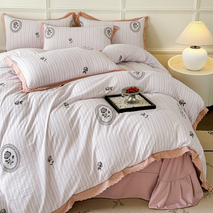 91家纺网 家纺一手货源 找家纺 可思家纺 2024新款韩版花边木棉皱皱纱四件套系列 木棉-赫本花园