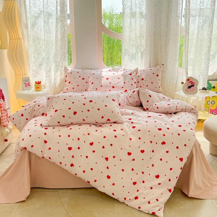 91家纺网 家纺一手货源 找家纺 千朵 2024新款全棉磨毛小清新印花四件套 心心相印