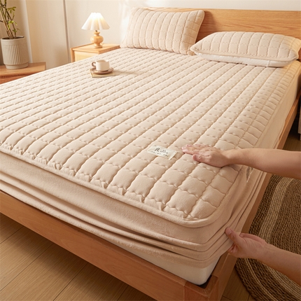 鑫钰 2024新款A类无印风牛奶绒大豆夹棉床笠-暖格 暖格-卡其