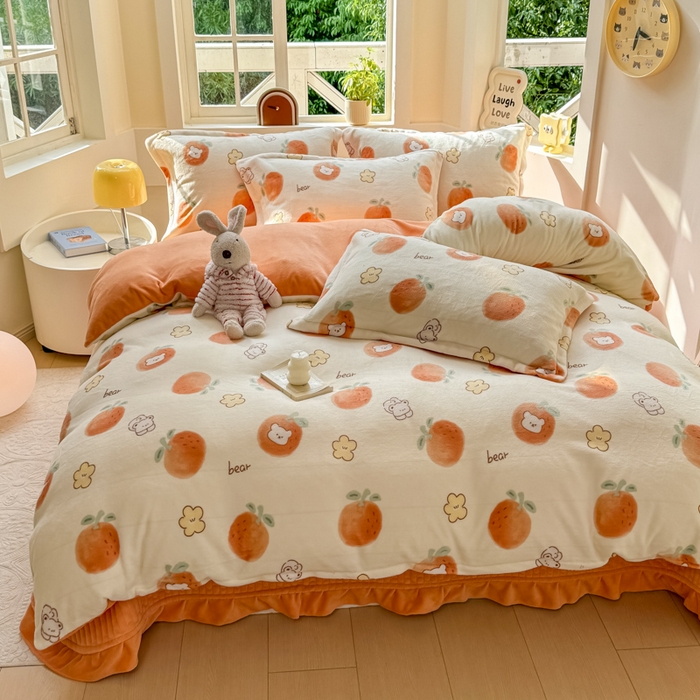 91家纺网 家纺一手货源 找家纺 尚美 2024新款高克重印花花边牛奶绒床盖四件套 甜橙