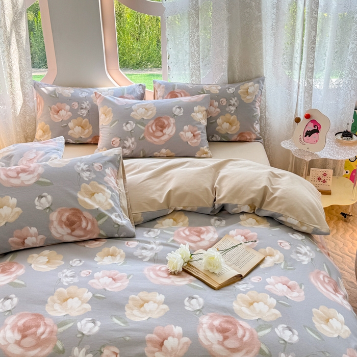 91家纺网 家纺一手货源 找家纺 千朵 2024新款全棉磨毛小清新印花四件套 恋爱旋律灰