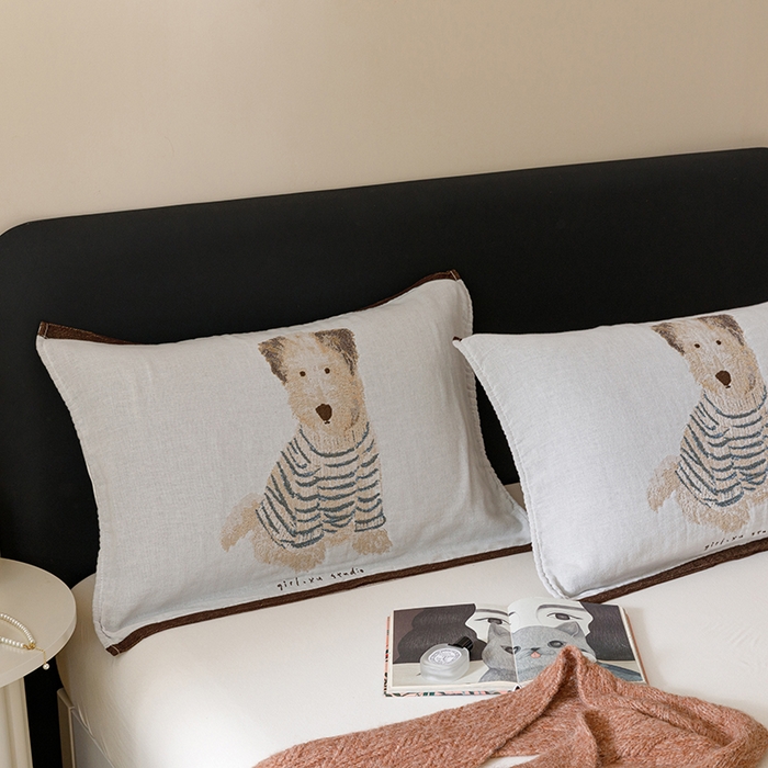 91家纺网 家纺一手货源 找家纺 麻依 2024新款纯棉纱布枕巾一对装全棉四层纱布54*78cm/对 小狗哈尼