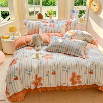 尚美 2024新款高克重印花花边牛奶绒床盖四件套 梦话