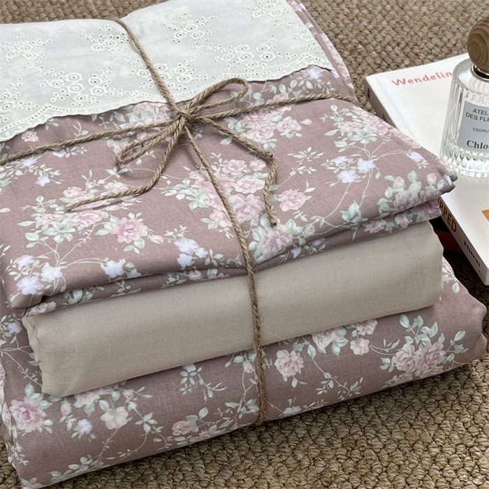 91家纺网 家纺一手货源 找家纺 2024新款全棉印花双层纱四件套--蕾丝花边款 微醺玫瑰