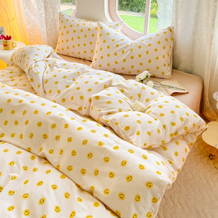 91家纺网 家纺一手货源 找家纺 千朵 2024新款全棉磨毛小清新印花四件套 笑脸