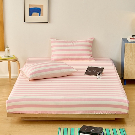 8小时家纺 2024新款40s双层纱单品四件套系列-床笠 条纹桃粉