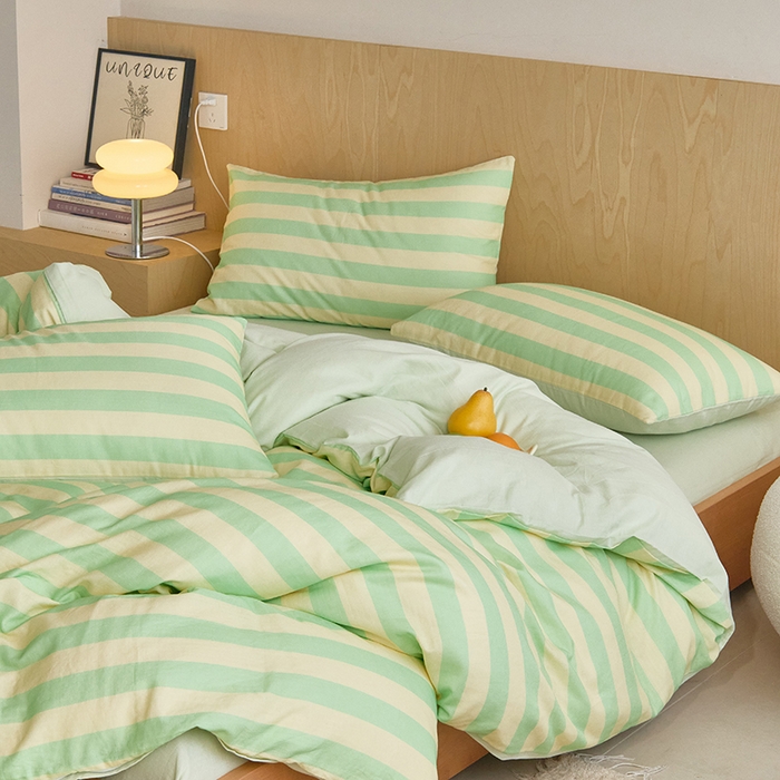 91家纺网 家纺一手货源 找家纺 8小时家纺 2024新款40s双层纱单品四件套系列-四件套 条纹青柠绿