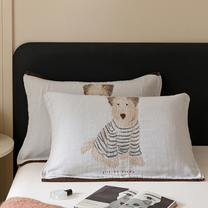 91家纺网 家纺一手货源 找家纺 麻依 2024新款纯棉纱布枕巾一对装全棉四层纱布54*78cm/对 小狗哈尼