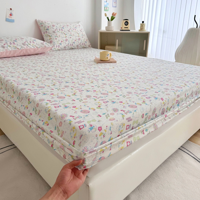 91家纺网 家纺一手货源 找家纺 柠馨 2024新款简约全棉时尚印花床笠 枝枝桃桃