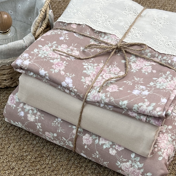 91家纺网 家纺一手货源 找家纺 2024新款全棉印花双层纱四件套--蕾丝花边款 微醺玫瑰